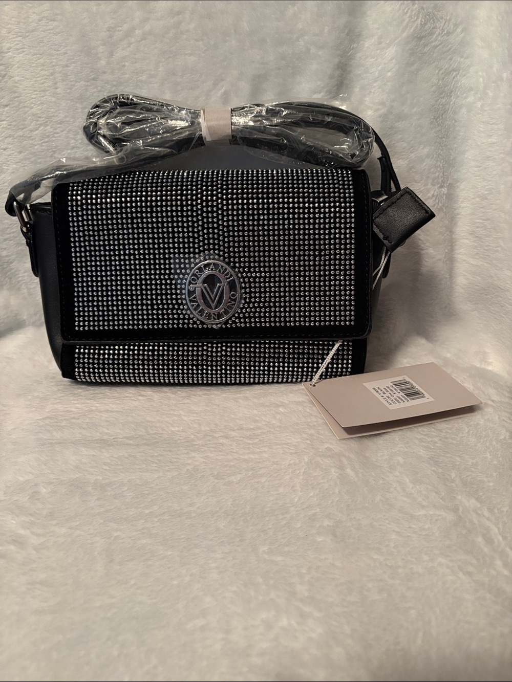 Valentino Orlandi Black Rhinestone Messenger Bag with Silver Logo